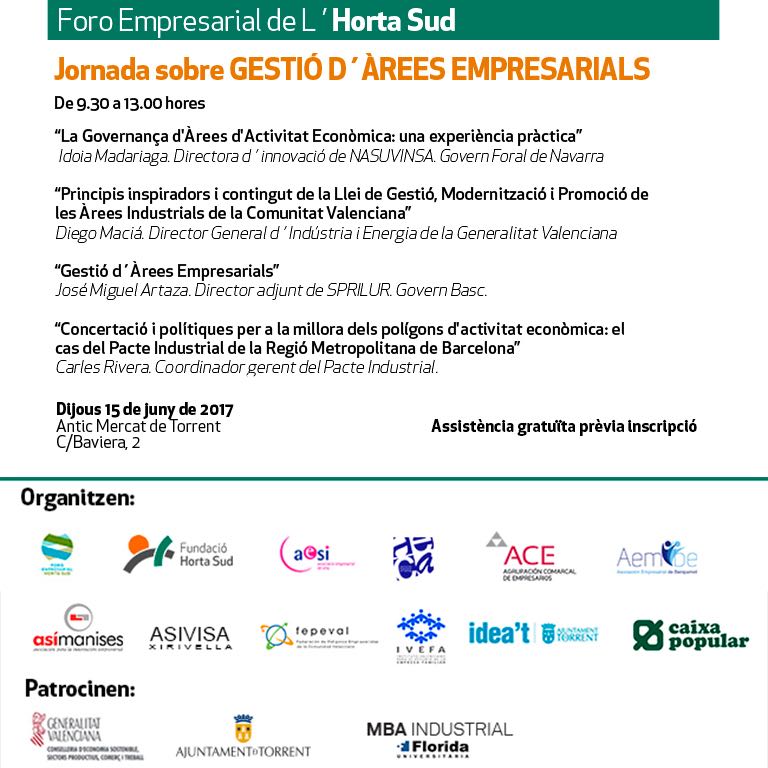 Jornada sobre Gestió d’àrees empresarials, Torrent 15 de juny, organitza per Foro Empresarial de L’Horta Sud.